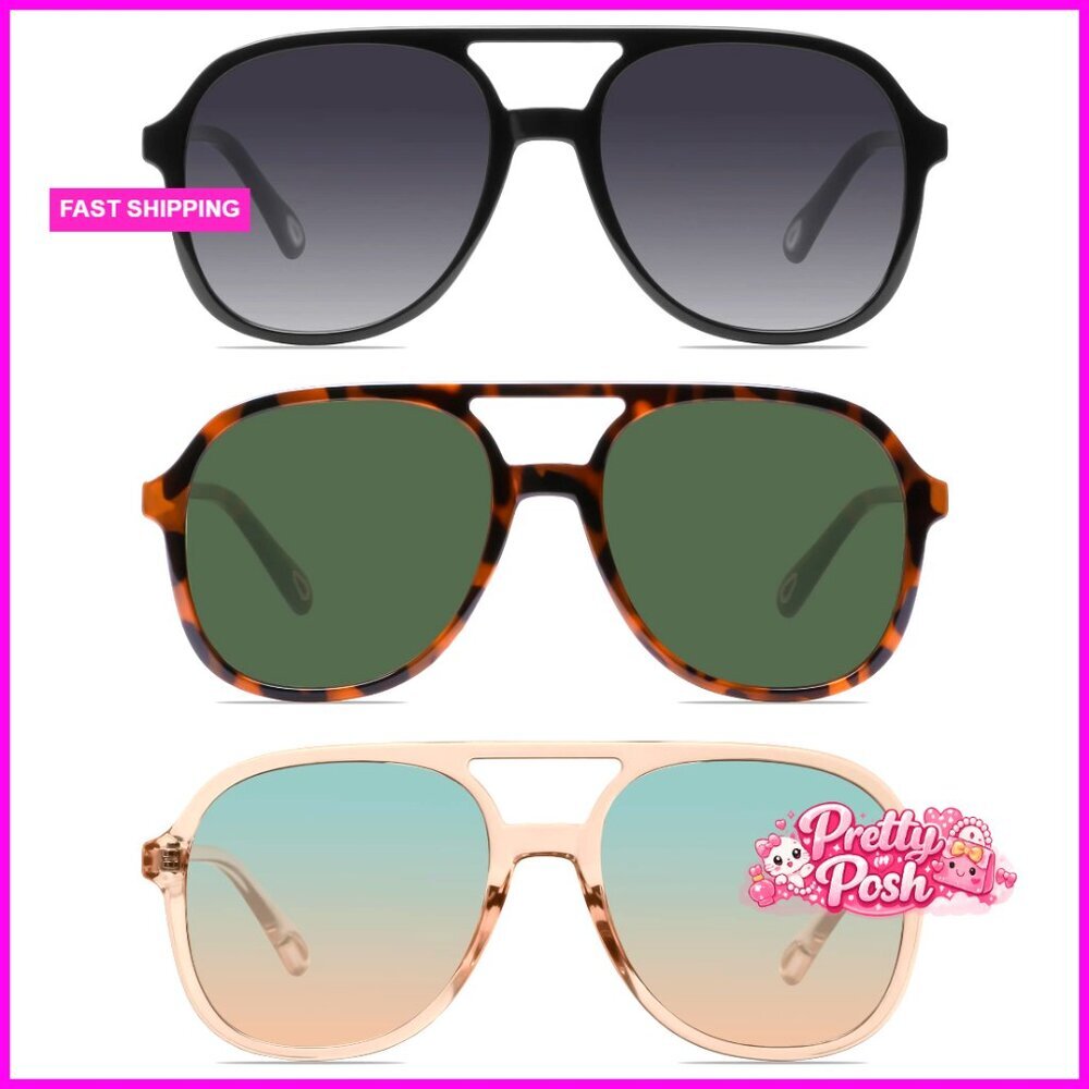 Retro Square Aviator Sunglasses, Double Bridge, UV400 Lenses